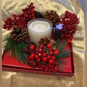 Holiday Centerpiece with votive candle - Greenery, Pinecones, Berries, Ring